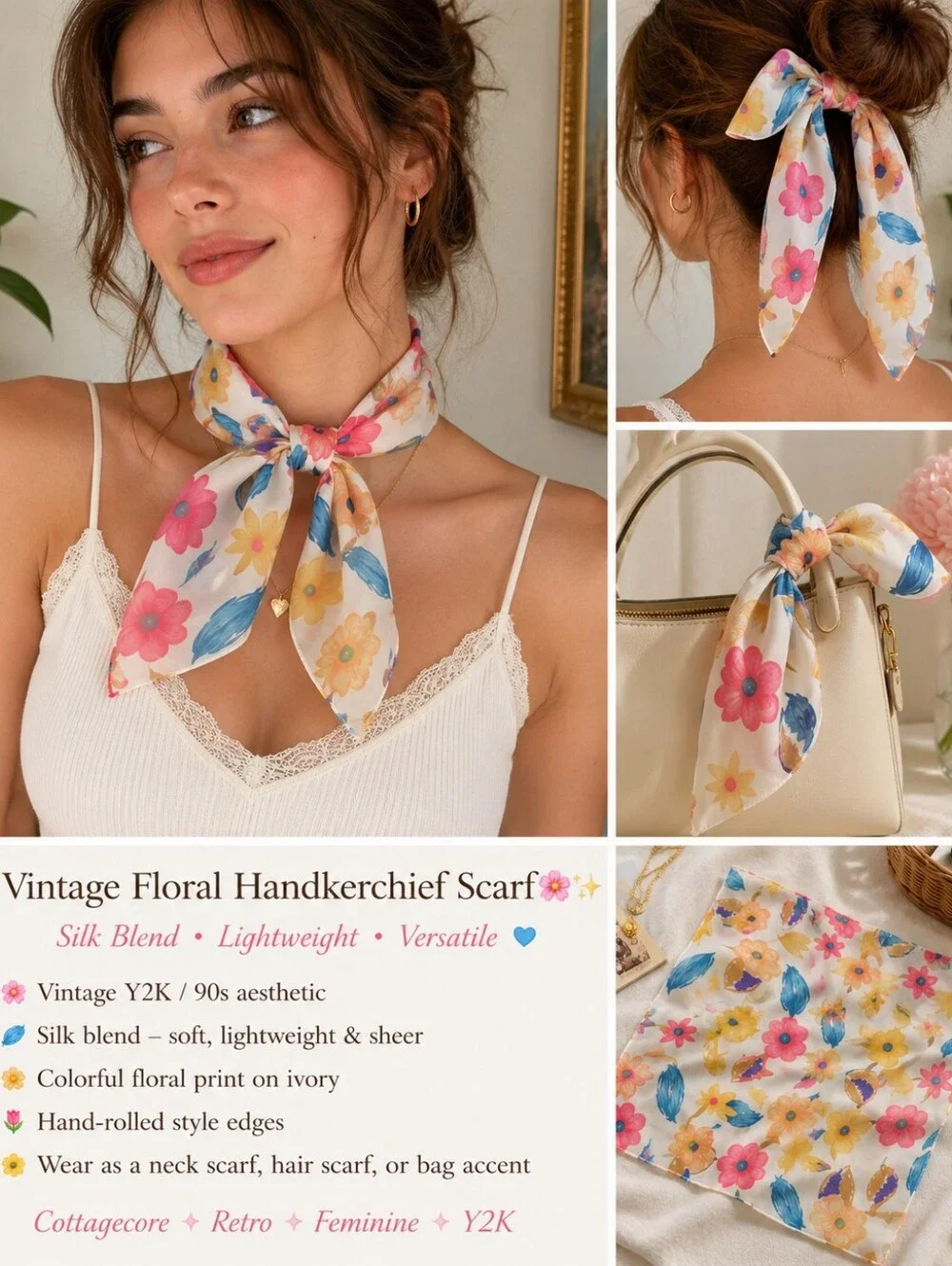 Vintage Silk Blend Floral Handkerchief Scarf Retro Cottagecore Neck Scarf